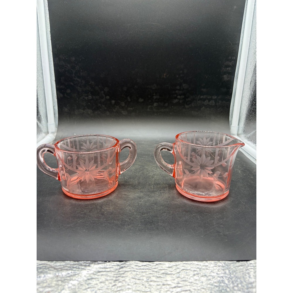 Vintage Pink Depression Glass Etched Floral Cream and Sugar Set Art Deco